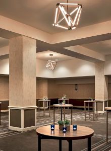 A well-lit, modern room with geometric ceiling lights, round tables with small plants, and a neutral color scheme.