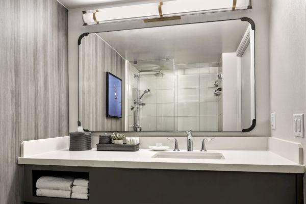 A modern bathroom vanity with a large mirror, dual sinks, towels, and toiletries; reflections show a shower area with glass doors and a TV screen.