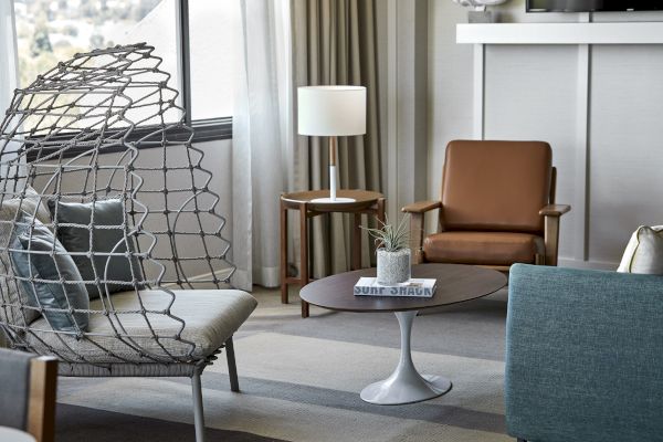 A modern living room featuring a hanging chair, a round coffee table, a brown leather armchair, a table lamp, and large windows with long curtains.