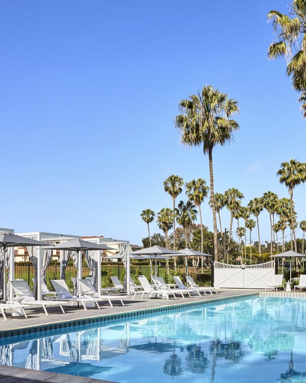 The image shows a swimming pool with lounge chairs and cabanas under a clear blue sky, surrounded by tall palm trees, creating a serene outdoor setting.