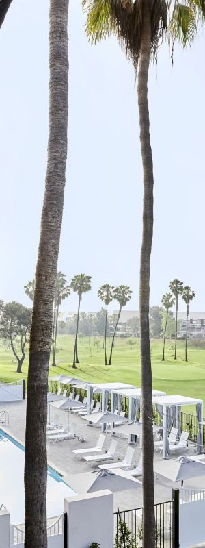 The image shows tall palm trees in the foreground with a golf course and a luxurious poolside area with cabanas and lounge chairs in the background.