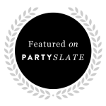 A circular emblem with laurel leaves, and the text "Featured on PARTYSLATE" inside.