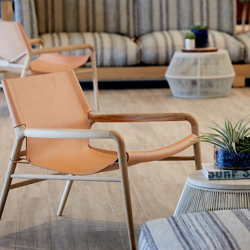 The image shows a cozy seating area with modern chairs, a small table with a succulent plant, and striped sofas in the background.