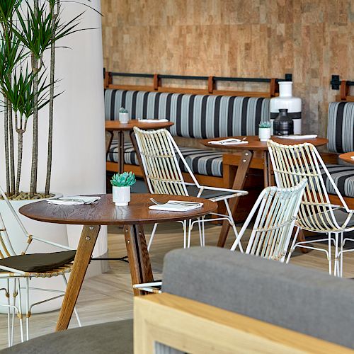 The image shows a modern dining area with striped cushioned benches, wooden tables, white wire chairs, and a large potted plant in the corner.