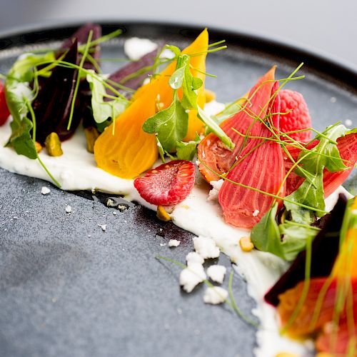 A gourmet dish featuring colorful vegetables, fresh herbs, and berries arranged on a dark plate, with a white sauce or cream drizzled underneath.