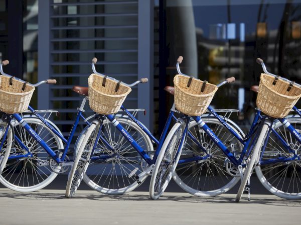 Five blue bicycles with wicker baskets are parked in a row outside a modern building with large windows and louvered shutters.