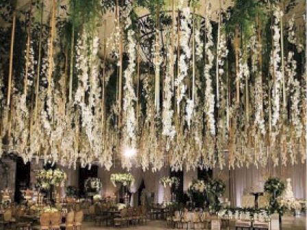 The image shows an elegant event space decorated with hanging flowers and greenery, with beautifully arranged tables and chairs underneath.