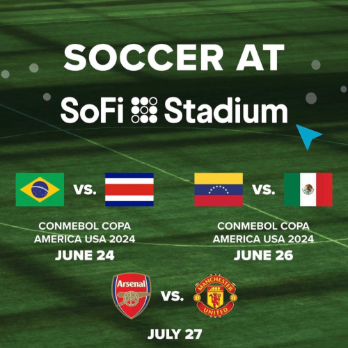 The image is an advertisement for soccer matches: 
Brazil vs. Costa Rica on June 24 and Venezuela vs. Mexico on June 26 in Copa America 2024.