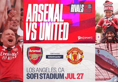 Promotional image for a soccer match: Arsenal vs United at SoFi Stadium in Los Angeles, CA, on July 27. Includes logos and cheering fans.