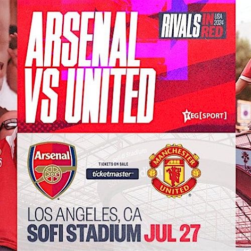 Promotional image for a soccer match: Arsenal vs United at SoFi Stadium in Los Angeles, CA, on July 27. Includes logos and cheering fans.