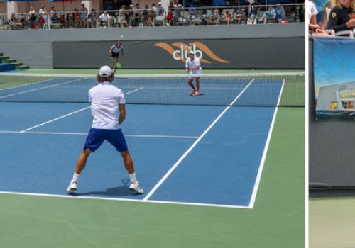 The image shows a doubles tennis match being played on the left and a female player preparing to serve or hit a shot on the right.