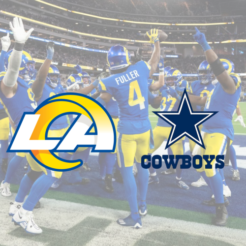 The image shows football players in blue uniforms celebrating with the LA Rams and Dallas Cowboys logos superimposed over the scene.