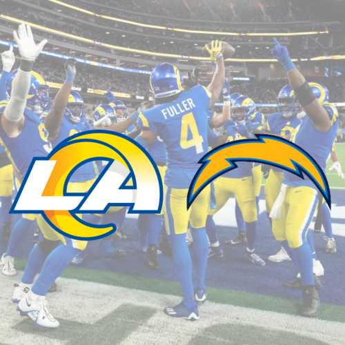 Football players in blue and yellow uniforms celebrate on the field with two team logos superimposed: LA Rams and Los Angeles Chargers.