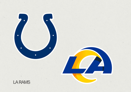Logos of the Indianapolis Colts and LA Rams with "SOFI STADIUM" text above.