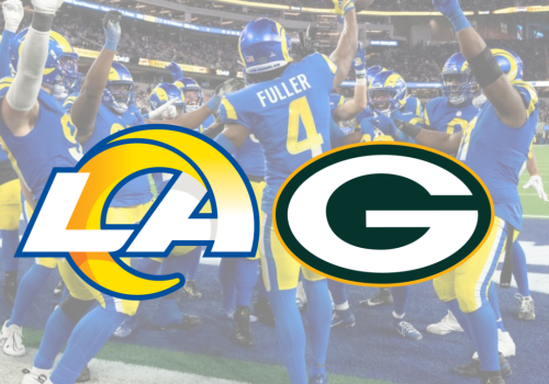 The image shows football players celebrating on the field with the Los Angeles Rams and Green Bay Packers logos overlayed.