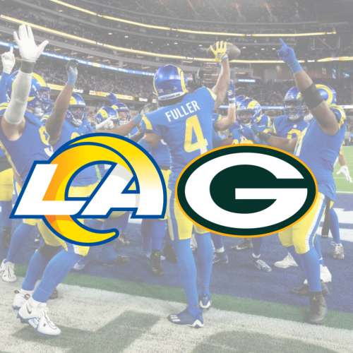 The image shows football players celebrating on the field with the Los Angeles Rams and Green Bay Packers logos overlayed.