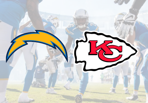 The image depicts the logos of the Los Angeles Chargers and the Kansas City Chiefs with a background of football players on the field.