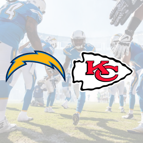 The image depicts the logos of the Los Angeles Chargers and the Kansas City Chiefs with a background of football players on the field.