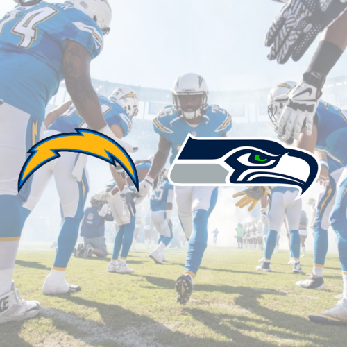 The image shows two NFL team logos, the Los Angeles Chargers and the Seattle Seahawks, overlaid on a background of players in blue jerseys.