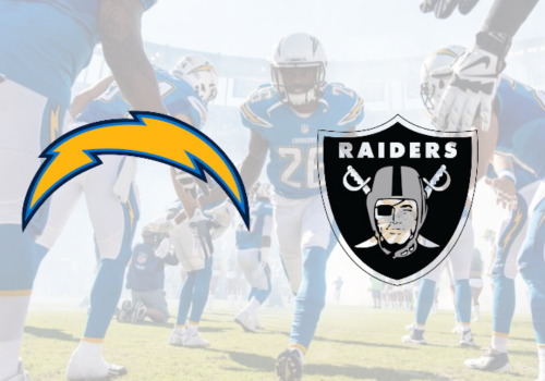 Logos of the Los Angeles Chargers and the Las Vegas Raiders, with football players in the background on a field.