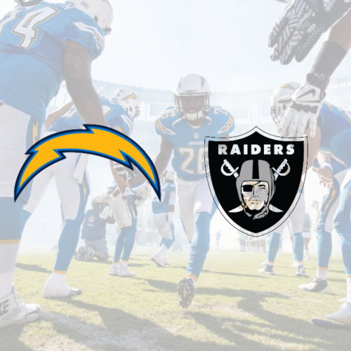 Logos of the Los Angeles Chargers and the Las Vegas Raiders, with football players in the background on a field.