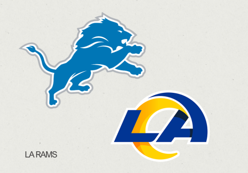 Logos of the Detroit Lions and LA Rams, with "Sofi Stadium" text, suggesting a matchup between the two teams at Sofi Stadium.