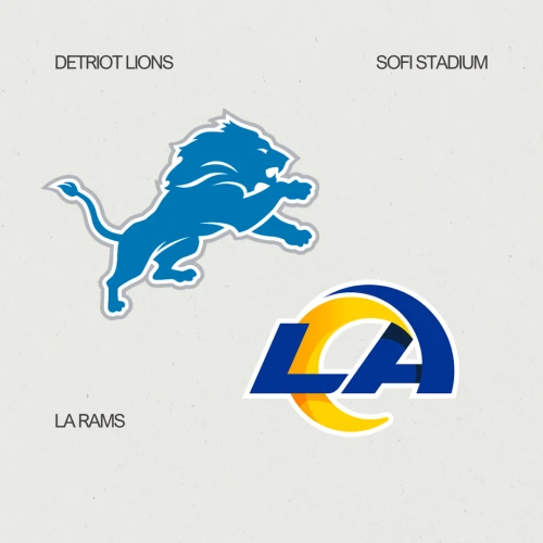 Logos of the Detroit Lions and LA Rams, with "Sofi Stadium" text, suggesting a matchup between the two teams at Sofi Stadium.