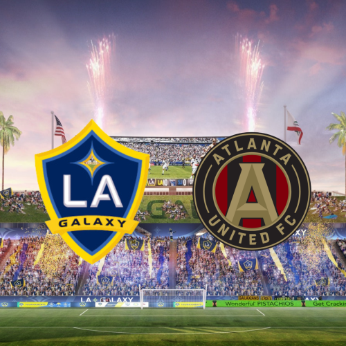 The image shows logos of LA Galaxy and Atlanta United FC over a crowded stadium with fireworks in the sky and palm trees in the background.