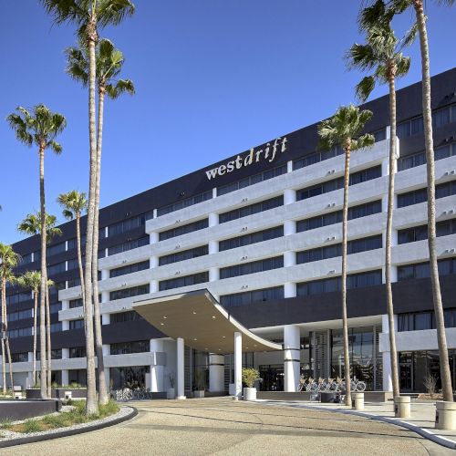 The image shows a modern multi-story hotel with palm trees lining the entrance under a clear blue sky.