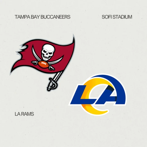 Logos of the Tampa Bay Buccaneers and LA Rams with "SoFi Stadium" text.