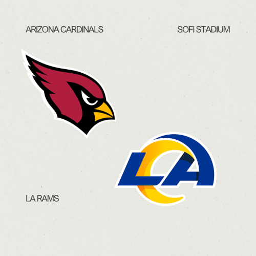 Logos of Arizona Cardinals and LA Rams with text "SOFI STADIUM."