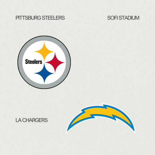 Logos of Pittsburgh Steelers and LA Chargers, with "Sofi Stadium" text present.